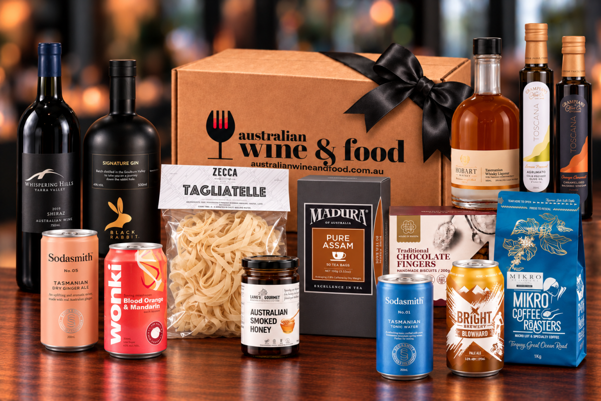 Australian gourmet hamper with black satin bow